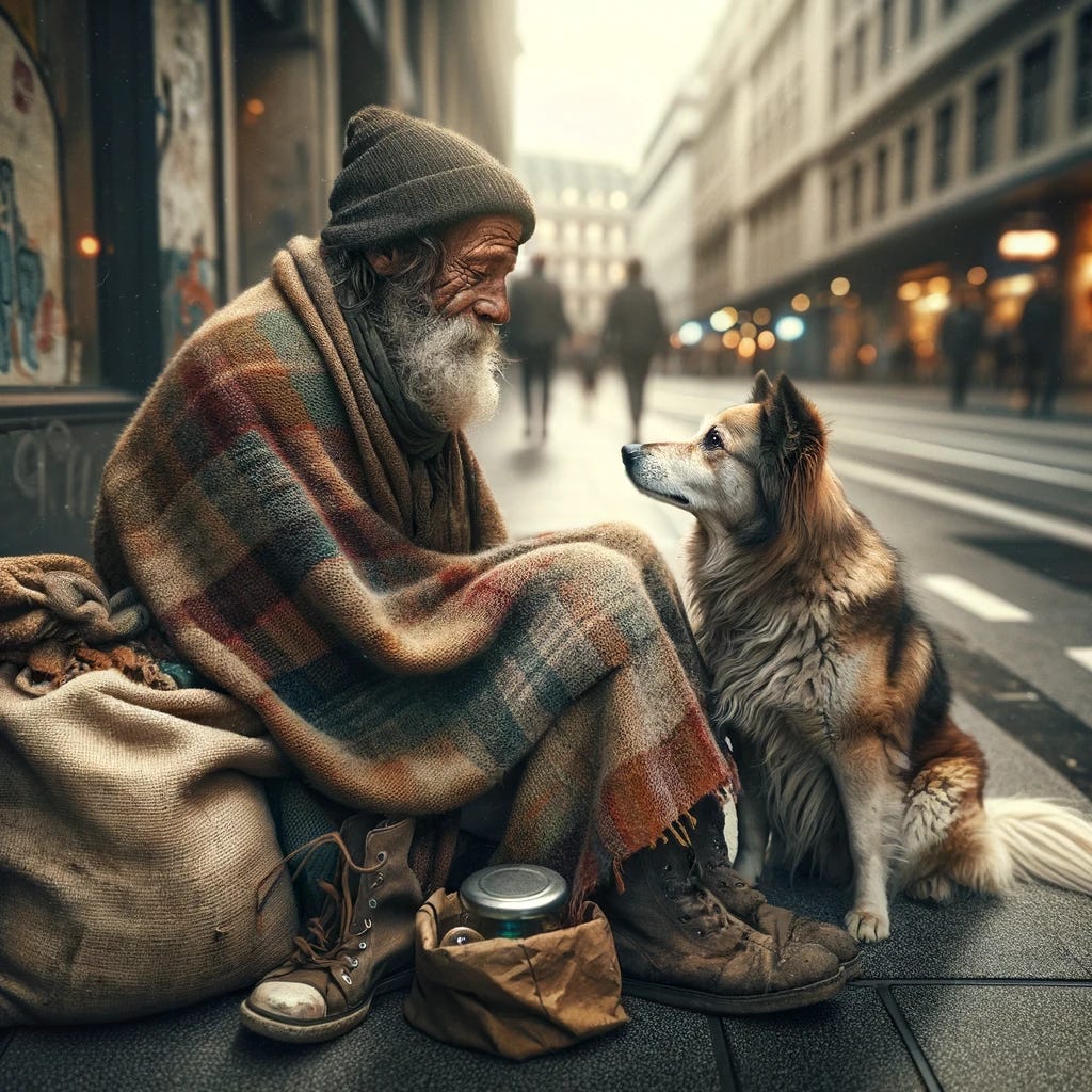 A tender and heartwarming scene on an urban street corner, depicting a homeless person sitting on the pavement, their belongings in a small, tattered bag beside them. They are wrapped in a worn-out, patched blanket, and there's a sense of resilience in their posture. Next to the person, a loyal dog sits closely, offering companionship and warmth. The dog looks up at the person with a gaze full of loyalty and affection. The background hints at a bustling city life, with the blurred shapes of passersby and the distant outline of buildings, contrasting the intimate moment shared between the person and their dog.