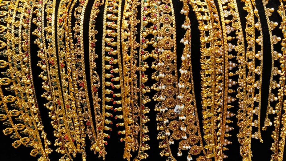 Fancy anklets at an upscale jewellery shop in Thiruvananthapuram (Trivandrum), Kerala, India on May 24, 2022. (Photo by Creative Touch Imaging Ltd./NurPhoto via Getty Images)