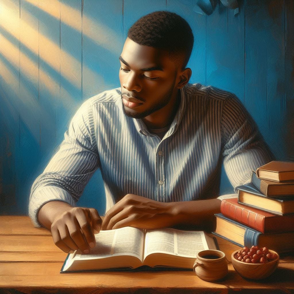 jeune homme noir lisant sa Bible à sa table le matin, style peinture d'huile sous fond bleu