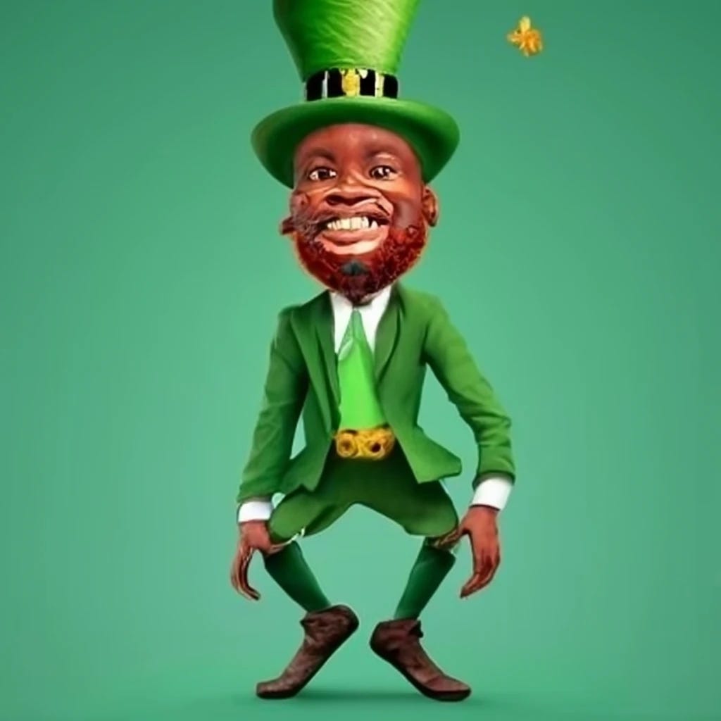 African  leprechaun in green hat and green suit urinating