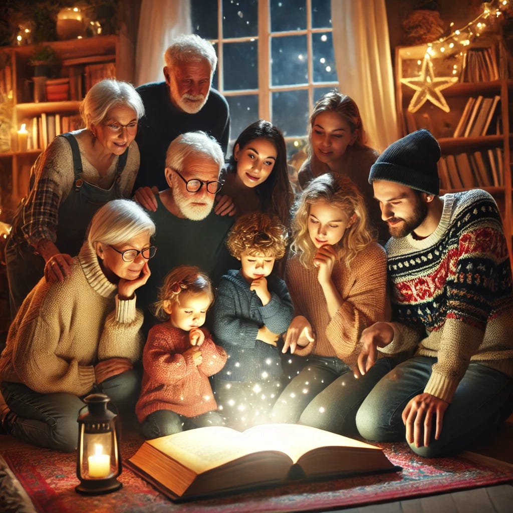 A group of diverse individuals, including a young child, an elderly person, and two adults, sitting together in a cozy and warmly lit room. They are gathered around an open, glowing book on a table, which emits a soft magical light. The expressions on their faces are a mix of awe and wonder, with some pointing to the book and others leaning closer to examine it. The background features a bookshelf filled with colorful books, a soft rug, and a window showing a starry night sky. The atmosphere feels intimate and enchanted, highlighting curiosity and shared discovery.