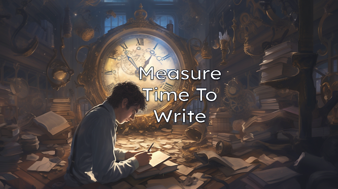 Person writing on paper with a large clock to measure his time spent. symbolizing the measurement of time spent on content creation.
