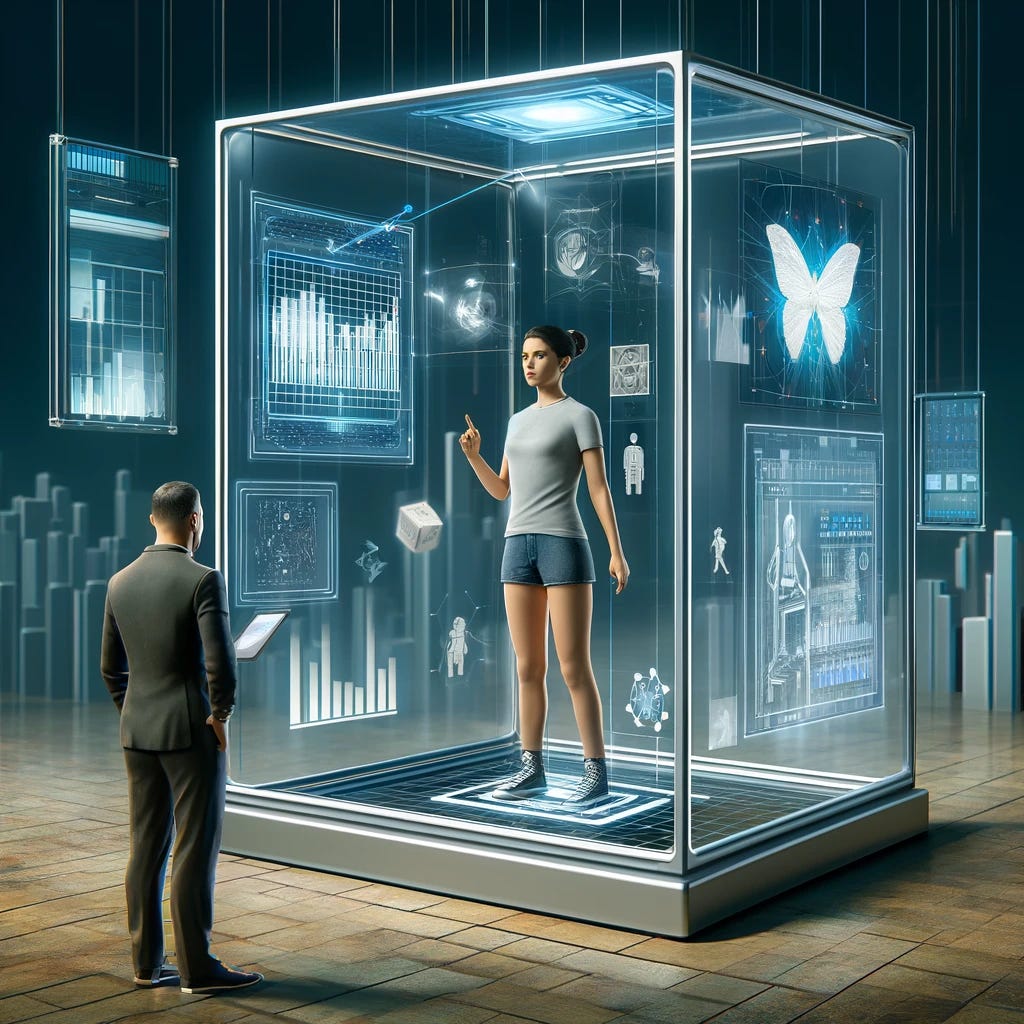 A conceptual artwork of a digital Skinner Box scenario, featuring a woman inside a high-tech, transparent cube, surrounded by digital interfaces displaying data. She is dressed in casual, modern clothing, interacting with the technology, performing tasks to earn rewards. Outside the box stands a man in a dark suit, representing control and authority. He is observing the woman, symbolizing surveillance and manipulation. The background features a minimalist, futuristic cityscape, enhancing the dystopian feel.