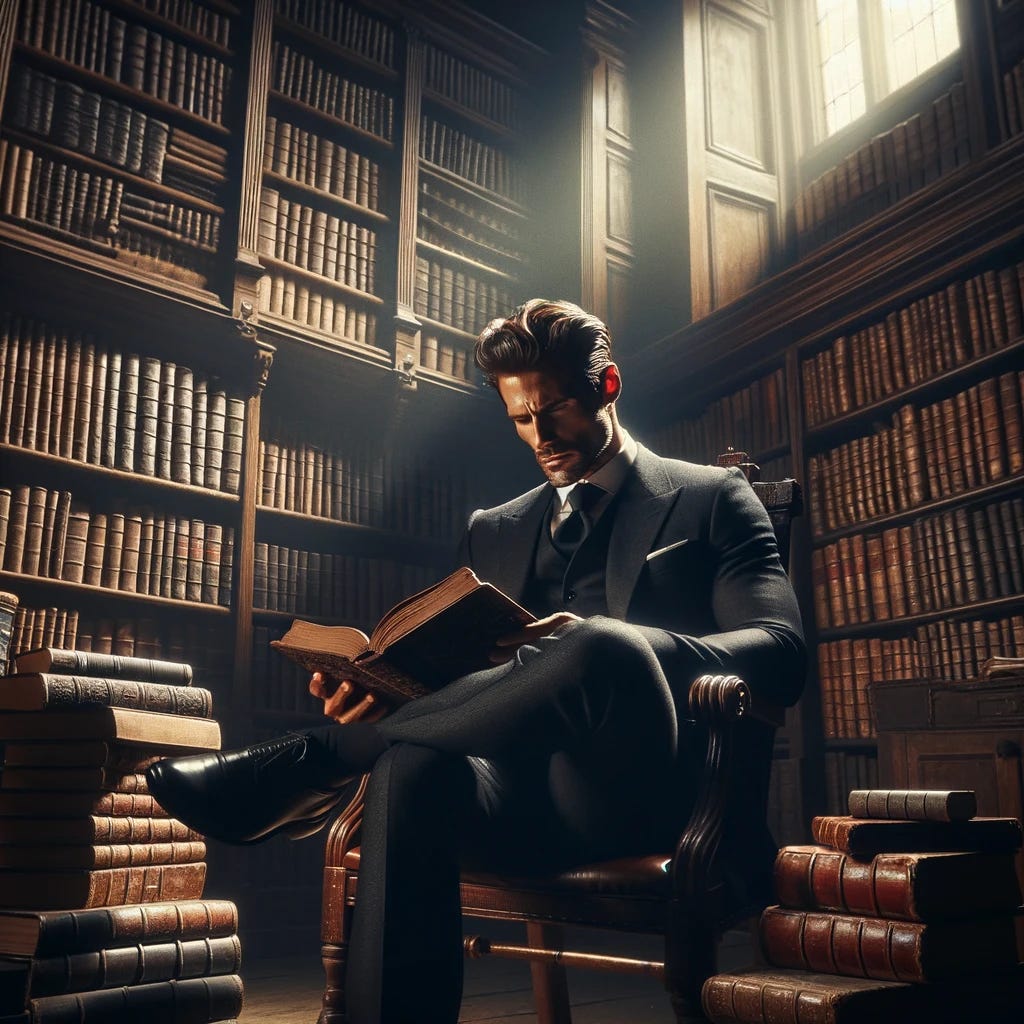 An image of a dominant, confident male figure engrossed in a book, seated in the dimly lit corner of a classic, old-world library. Surrounding him are towering wooden bookshelves filled with ancient leather-bound books, casting long shadows over the area where he sits. The scene conveys a sense of mystery and intellectual depth, with soft light filtering through a nearby window, highlighting the contours of his face and the pages of the book, while the rest of the room remains enveloped in shadows. The atmosphere is serene and contemplative, suggesting a private moment of learning and reflection.