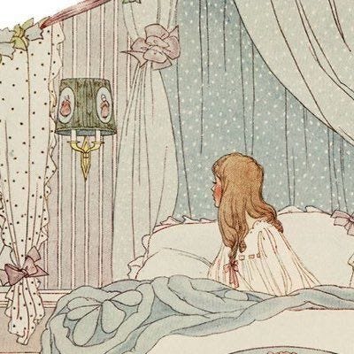 watercolor illustration of a young white girl in bed, looking off to the side
