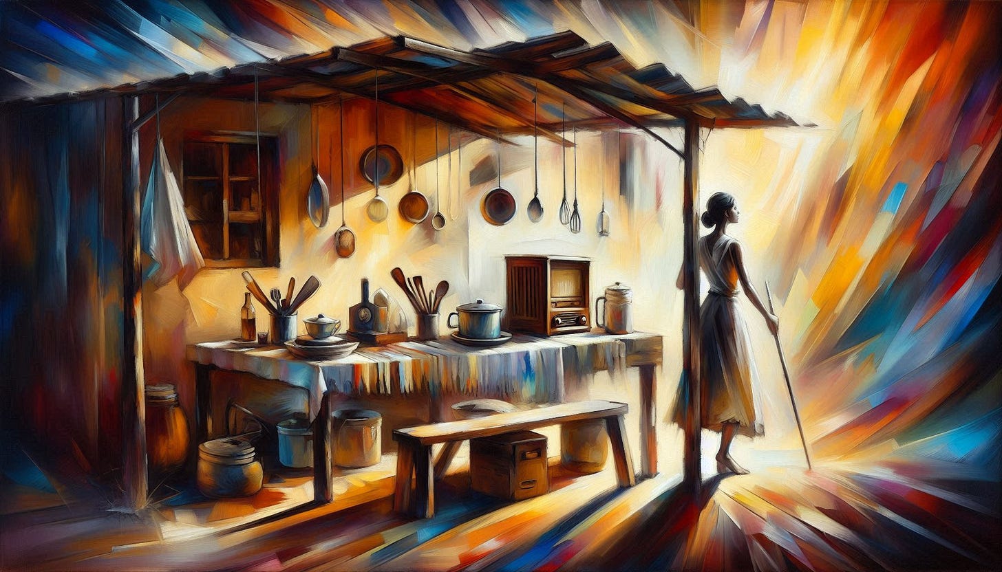 AI generated image of dynamic, colorful painting depicting a humble swap shop