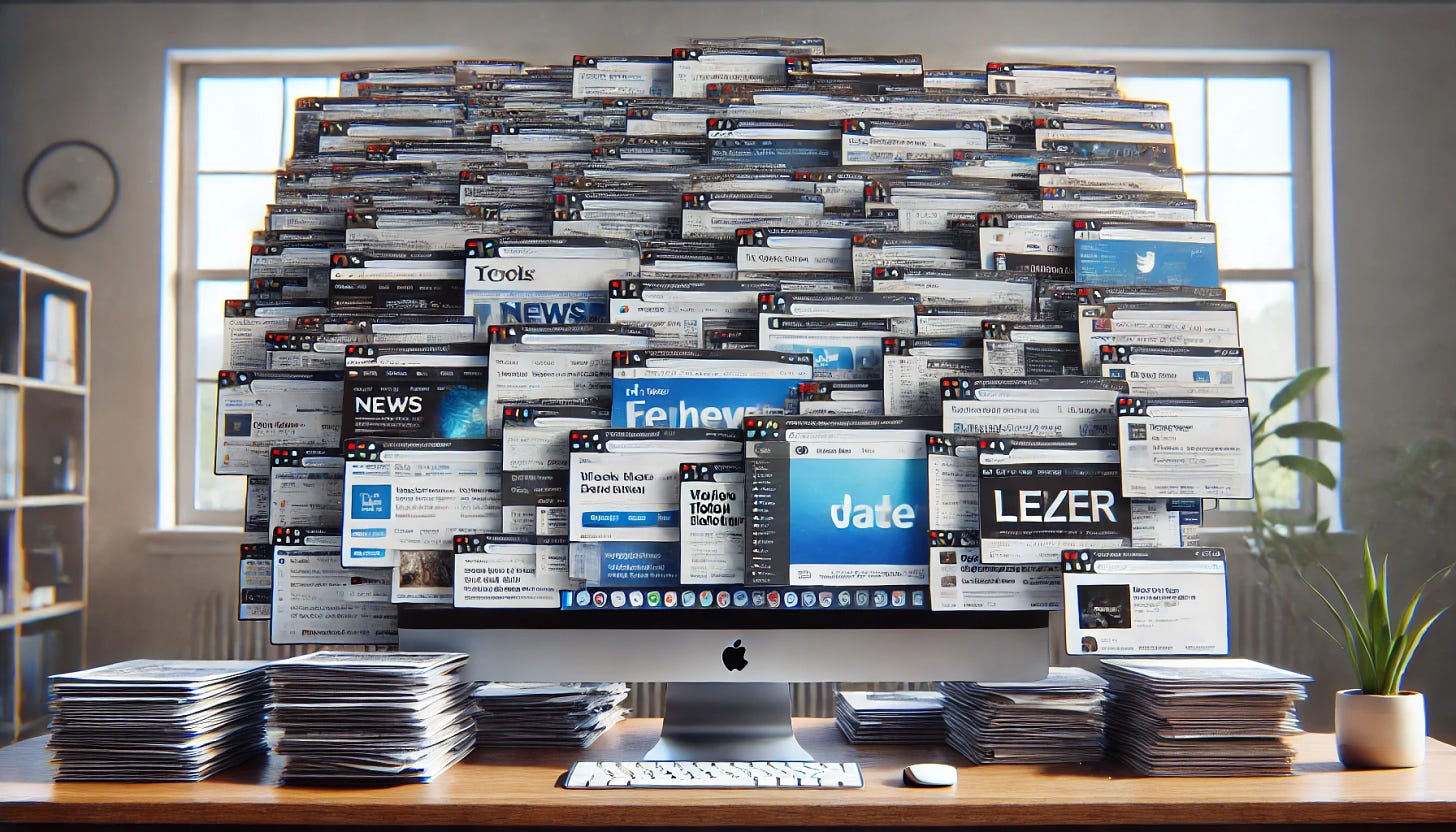 A realistic desktop computer screen filled with an overwhelming number of open tabs in a web browser. The tabs are cluttered, with some showing popular websites like news, social media, work documents, streaming services, and email. The taskbar is also crowded with multiple applications open. The screen is slightly chaotic but still realistic, with multiple overlapping windows and notifications popping up. The background is a generic office or home workspace, adding to the sense of digital overload.