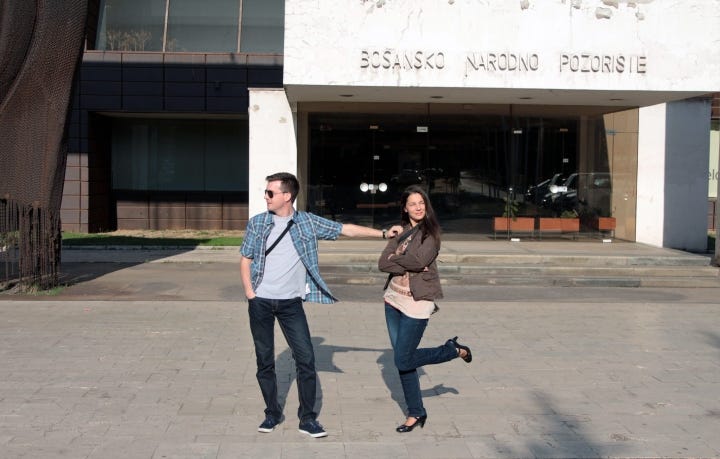 Amir and Dijana in front of Zenica's National Theater