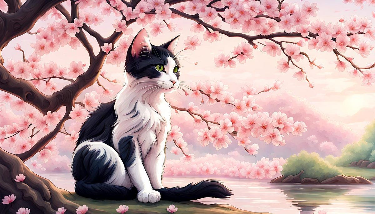 Cat sitting beneath cherry blossom tree.