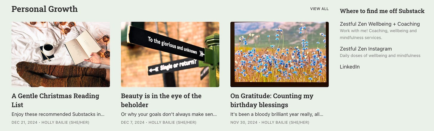 screenshot of Personal Growth section onZestful Zen Substack homepage