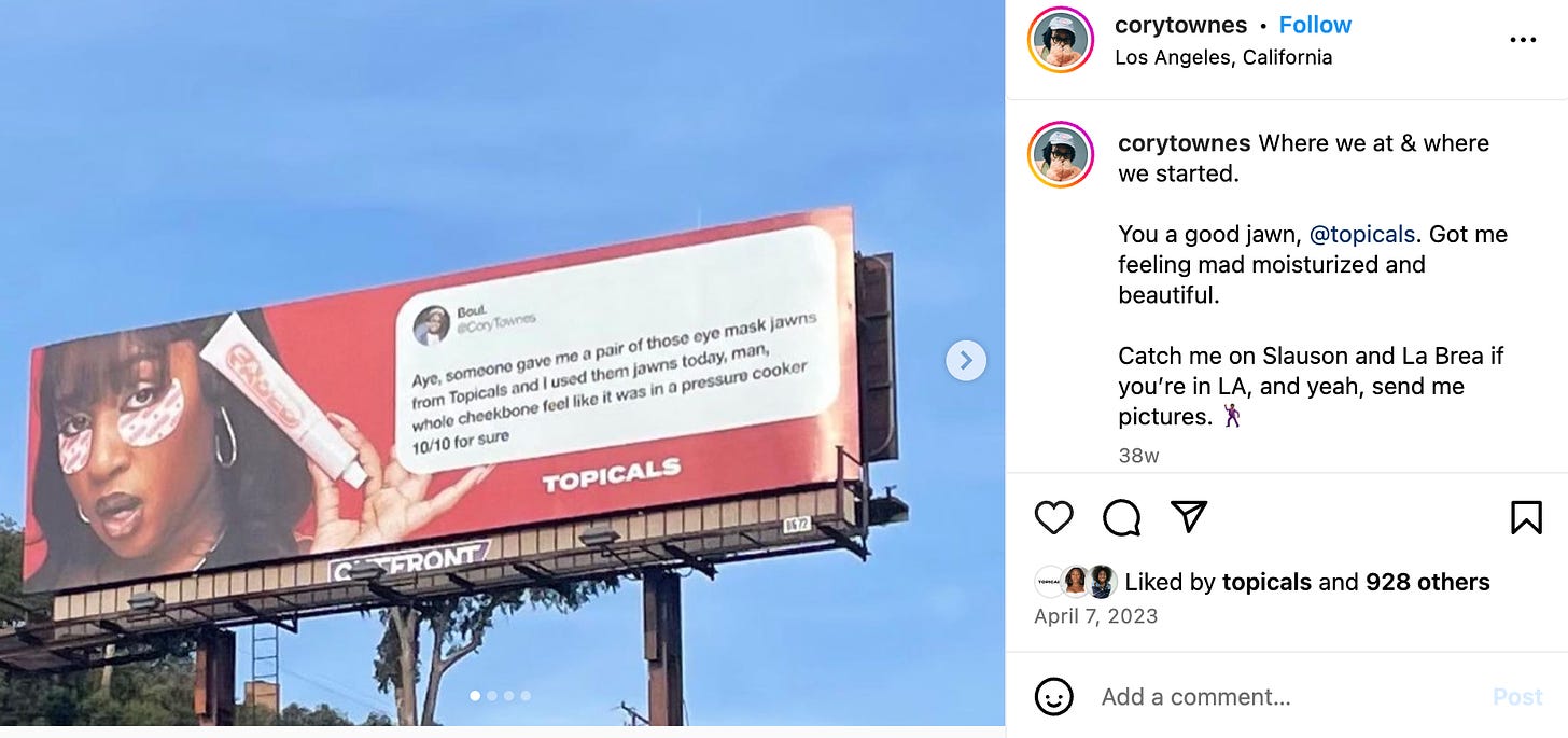 Instagram post where the photo is a Topicals billboard with a Tweet screenshot on it and the Instagram caption calling out that it's their post.