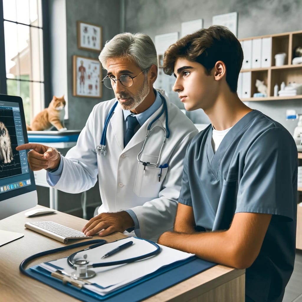 A professional and inviting office environment of a corporate veterinary hospital, showcasing a young veterinarian consulting with a mentor. The setting includes modern veterinary equipment, a computer showing veterinary software, and various medical tools. Both individuals are engaged in a serious discussion, with the mentor, an older, experienced veterinarian, pointing at the computer screen, explaining a procedure. The young veterinarian, appearing attentive and taking notes, represents a sense of eagerness to learn. The room is well-lit, reflecting a supportive and educational atmosphere.