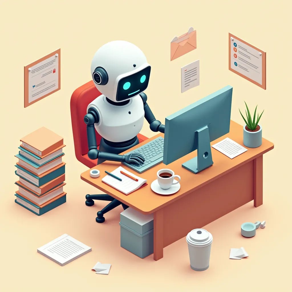 A robot is shown sitting at a desk