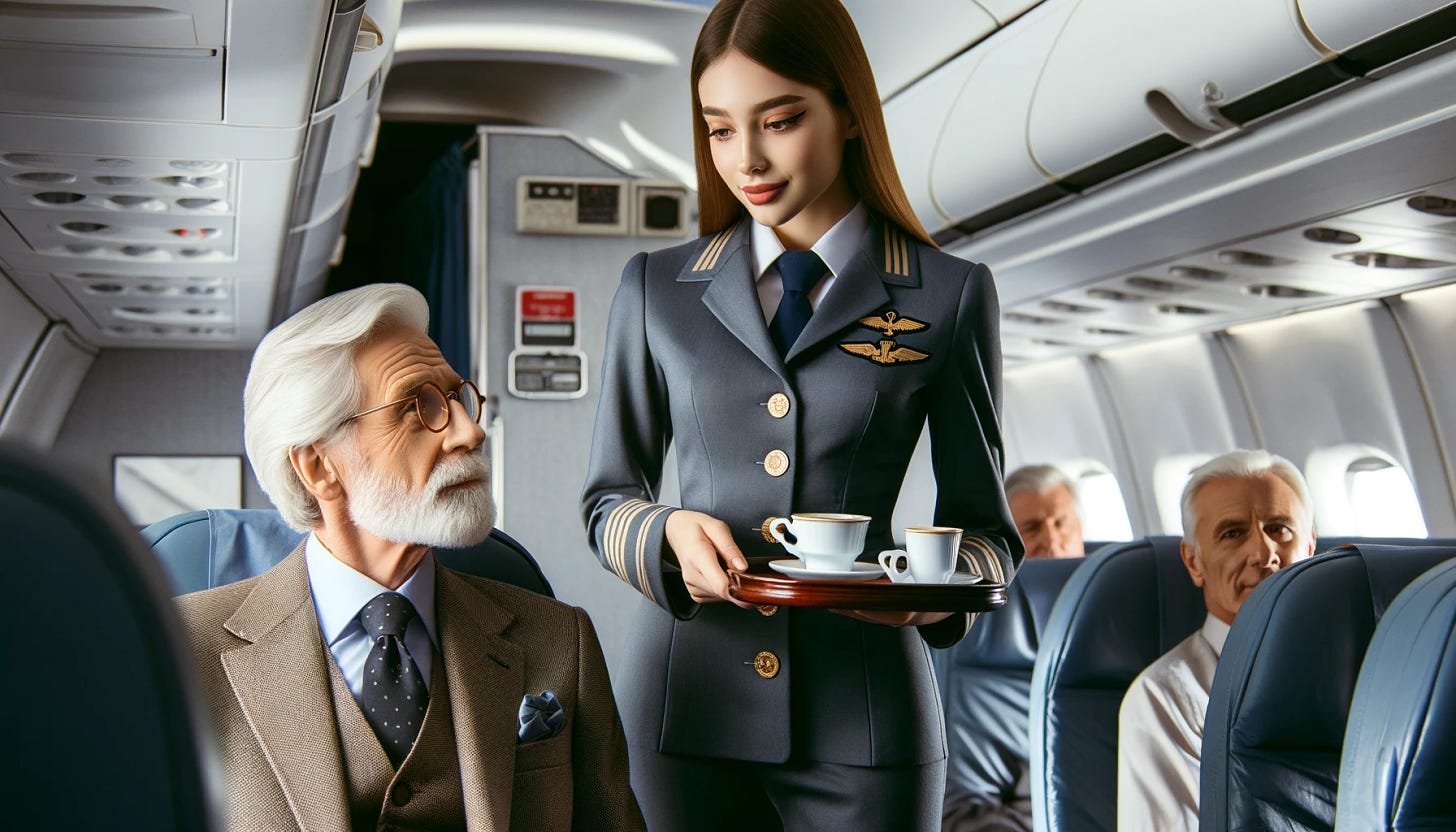 A scene inside an airplane where a young woman, dressed in a pilot's uniform indicative of a major airline, is serving coffee to an older, conservative-looking man seated. The man is dressed in a classic grey suit, appearing very traditional and formal. The young woman stands with poise and professionalism, holding a small tray with a coffee cup as she offers it to the man. The environment suggests the cabin of a commercial airliner, with seats and airplane windows visible in the background, showcasing a high level of detail to evoke the atmosphere of air travel.
