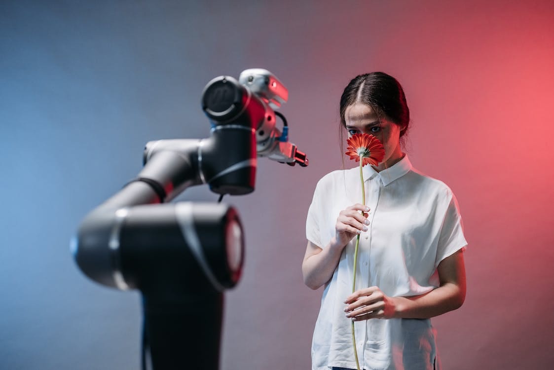 Free A Woman Smelling a Red Flower while Staring at a Robot Stock Photo
