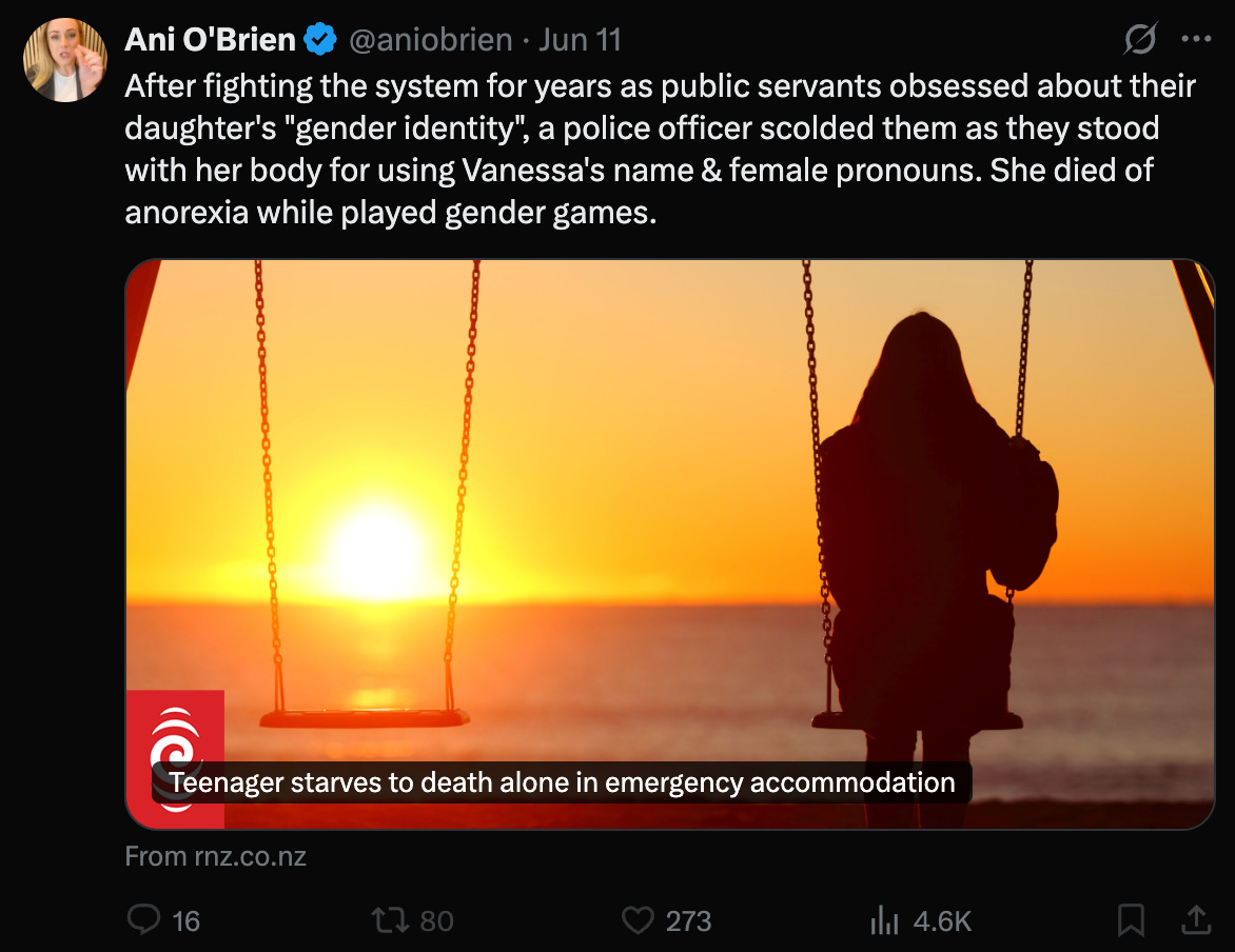 Ani O’Brien: “She died of anorexia while played [SIC] gender games”