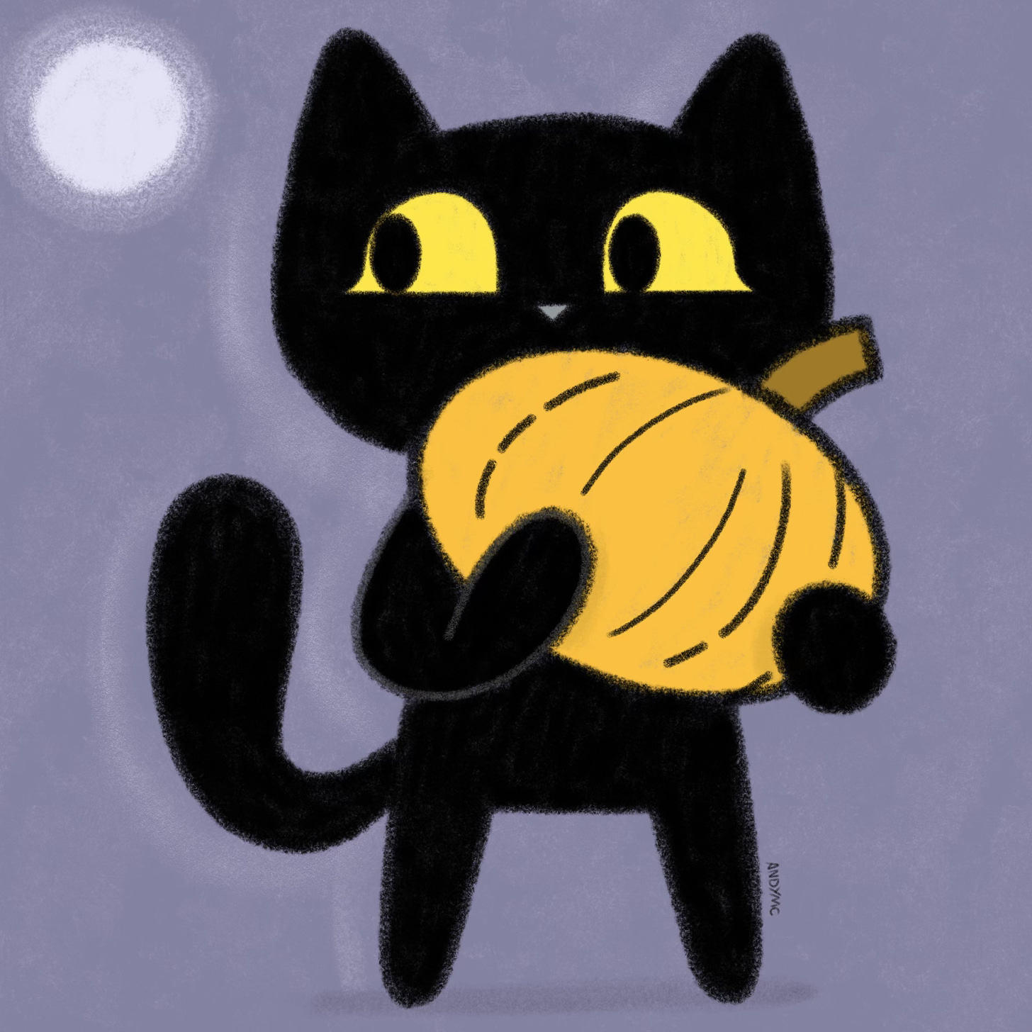 an illustration of a curious cat holding a pumpkin with a moonlit background 