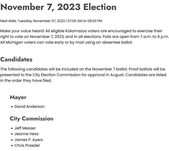 Kalamazoo City Commission candidate list for the November 7, 2023 election as of Saturday, July 22.