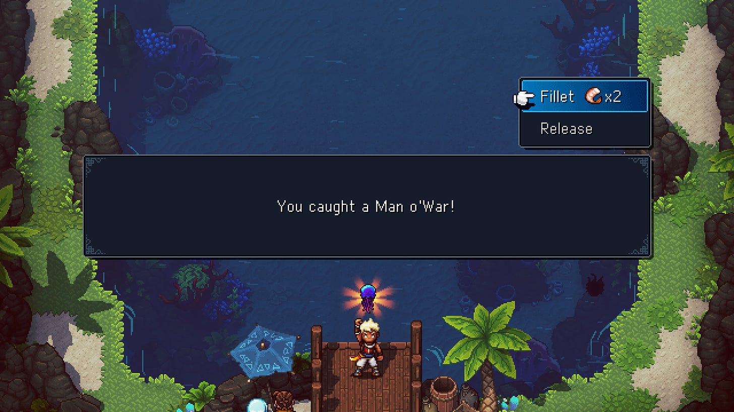 A screenshot of the game Sea of Stars, showing a lake environment at the centre and the main character holding a fish in the air at the bottom. The caption says "You caught a Man o' War!"