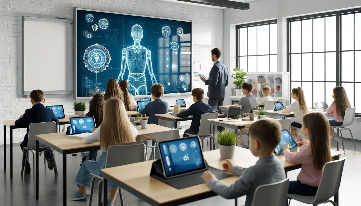 A modern classroom with students and teachers using AI devices. The classroom is bright and equipped with advanced technology, including tablets and interactive screens, showcasing a seamless integration of AI in education. The students are engaged, and the teacher is actively interacting with them using AI tools.