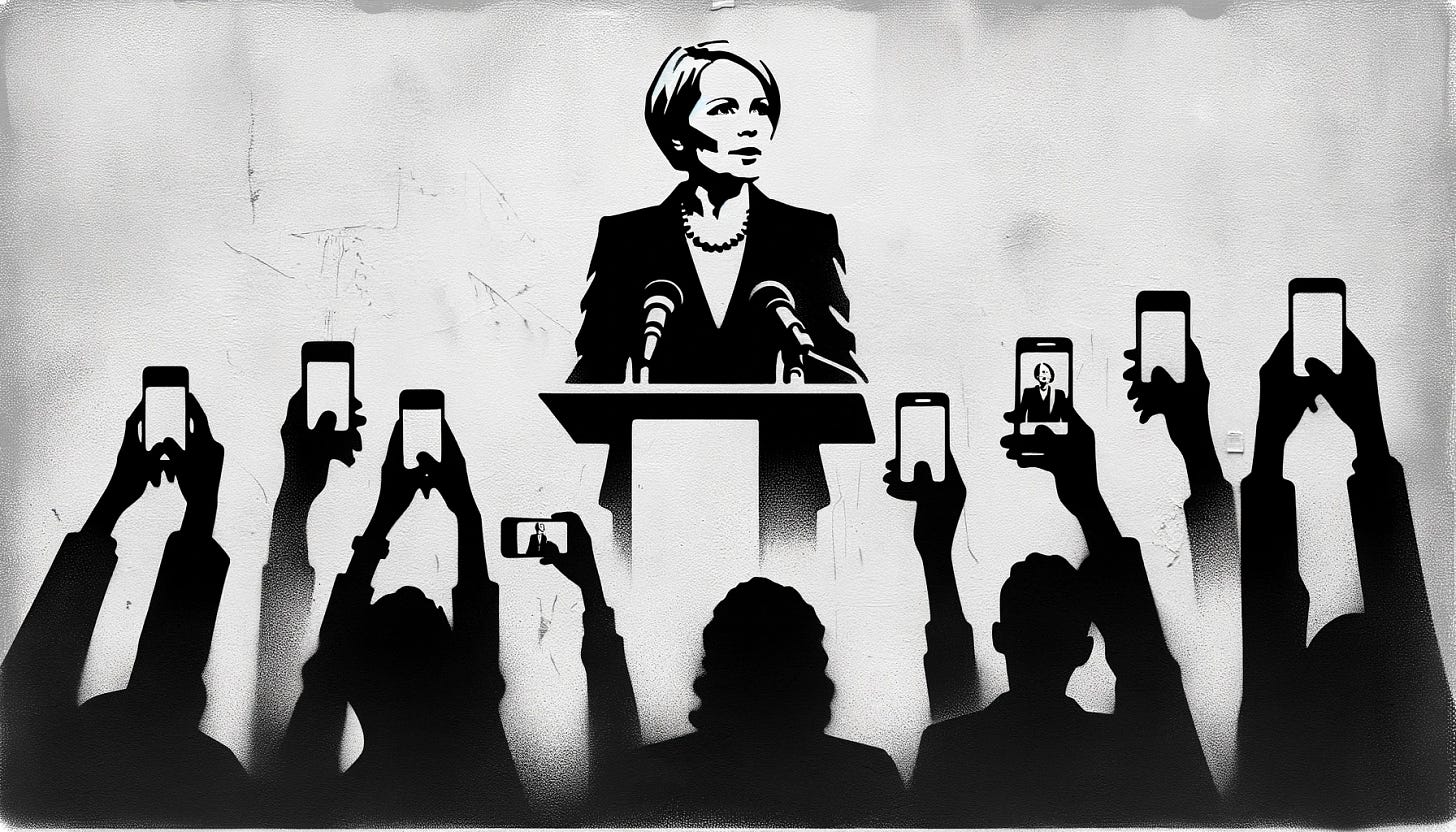 In a simplified version, maintaining the black and white stencil-style and 16:9 format, depict a scene on a wall as graffiti. A female politician stands facing forward at a podium, giving a speech. The focus is on her expression and posture, capturing the essence of leadership and determination. In the foreground, include just a couple of hands holding smartphones, recording the moment, to represent a more intimate gathering of attendees. The background should subtly imply the texture of a wall, ensuring the artwork is unmistakably recognized as street art, emphasizing the grassroots nature of political engagement.