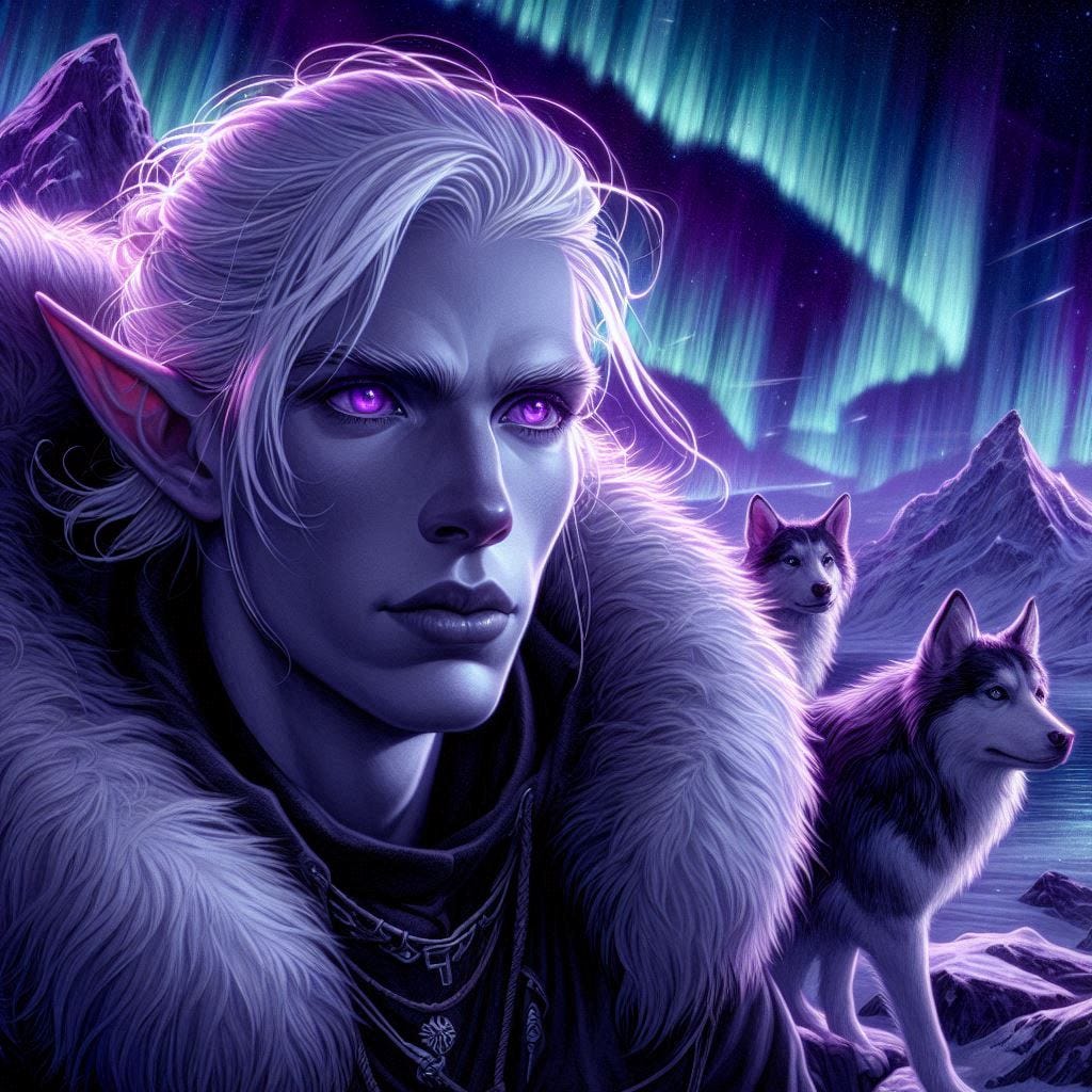 albino male elf with purple eyes and sled dogs at night with aurora borealis, dungeons and dragons fantasy drawing