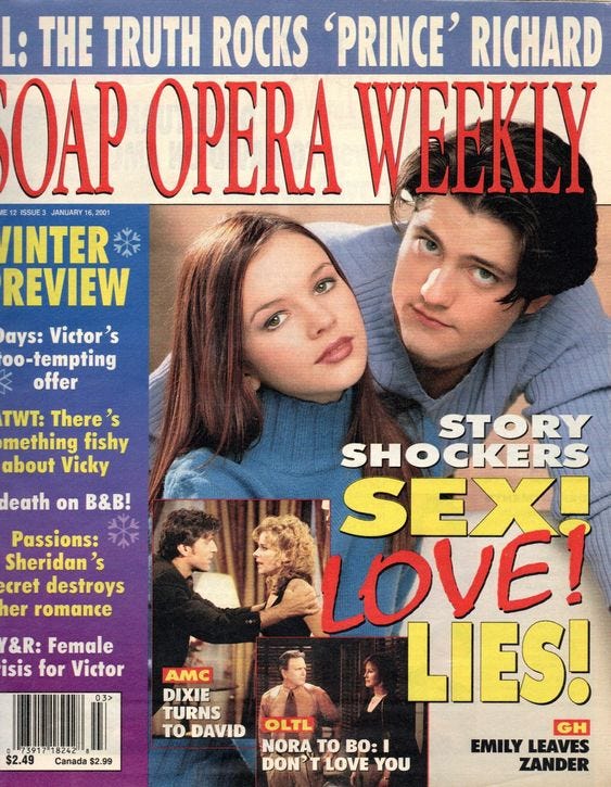 A "Soap Opera Weekly" cover from January, 2001. The cover features Amber Tamblyn and Chad Brannon. The headline reads "Story shockers: Sex! Love! Lies!" In smaller print, "GH: Emily leaves Zander"