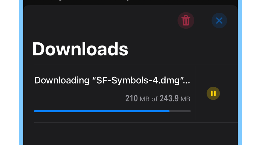 Part of an app displaying the download of a file, with file name, progress indicator, number of bytes downloaded and total bytes.