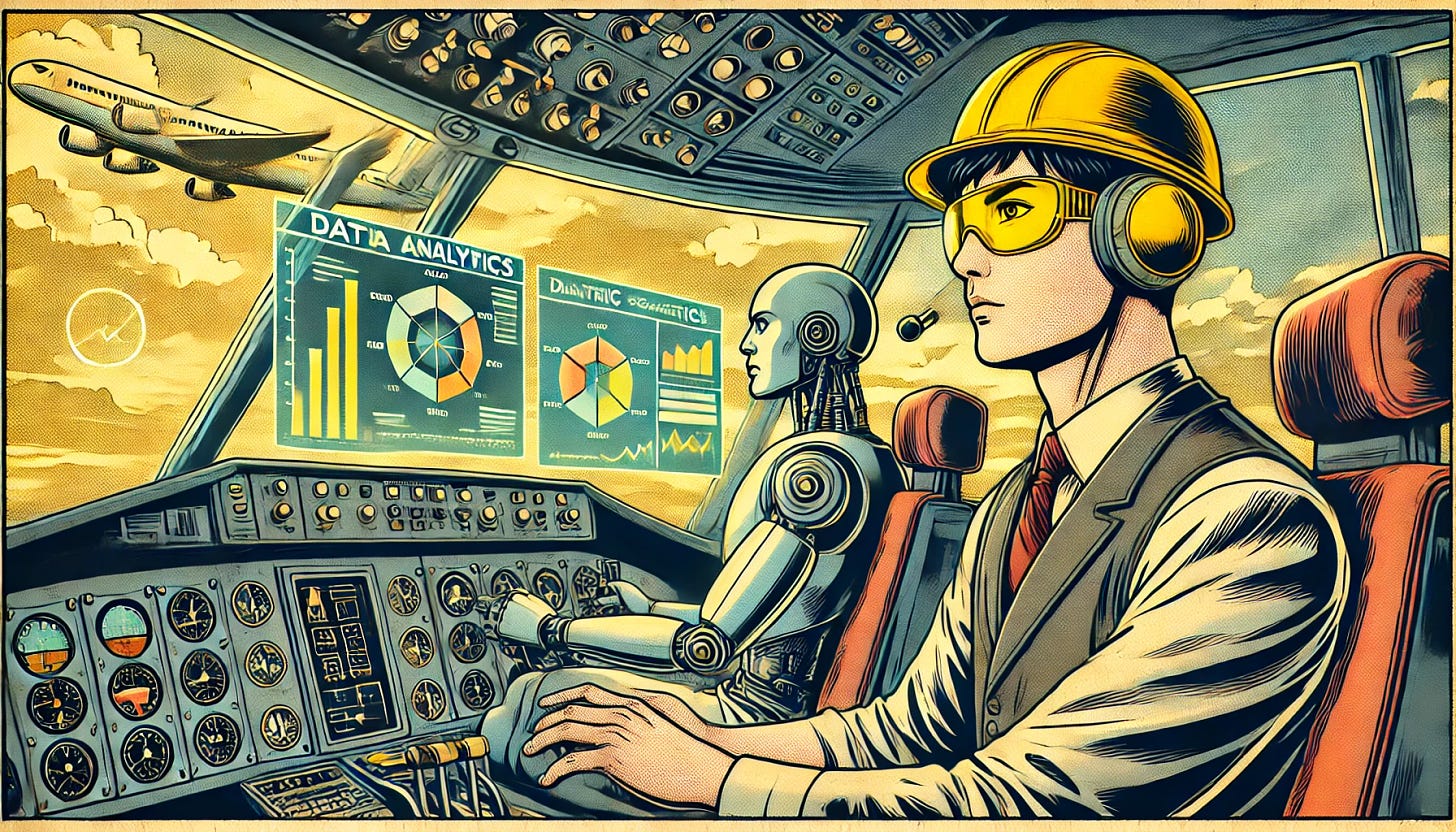 Data Engineer being a copilot of a robot while flying an airplane