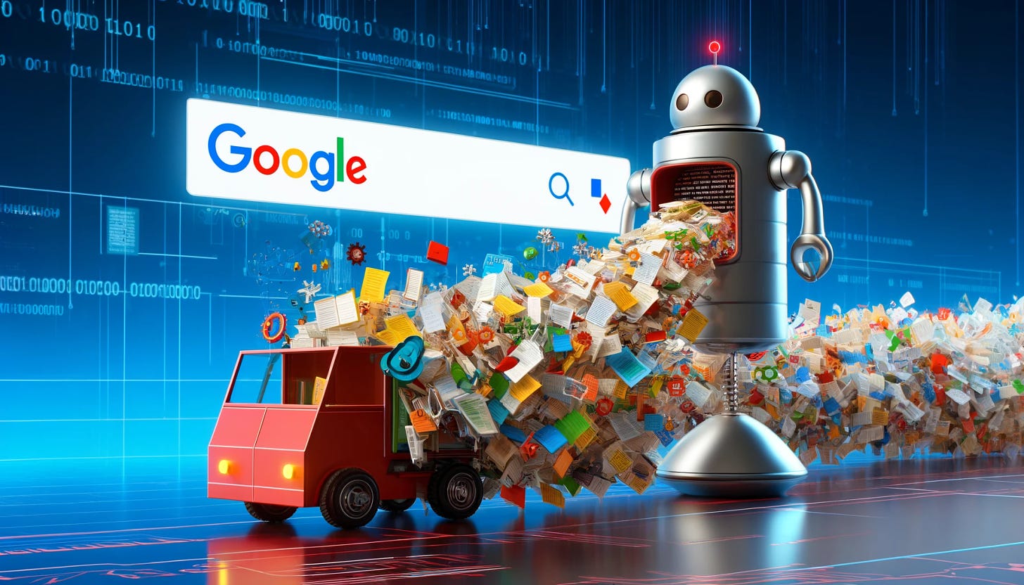 A horizontal illustration depicting AI-generated content flooding into search engines like Google. The scene shows a large number of digital documents, articles, and virtual accounts pouring out from a futuristic machine labeled 'Doubao' and rushing towards a computer screen displaying the Google search engine. The documents are brightly colored, representing various topics, with binary code and small robots mixed in, symbolizing AI creation. The Google logo is prominently displayed on the screen, and the background suggests a digital environment with circuit board patterns. The text on the machine should correctly read 'Doubao'.