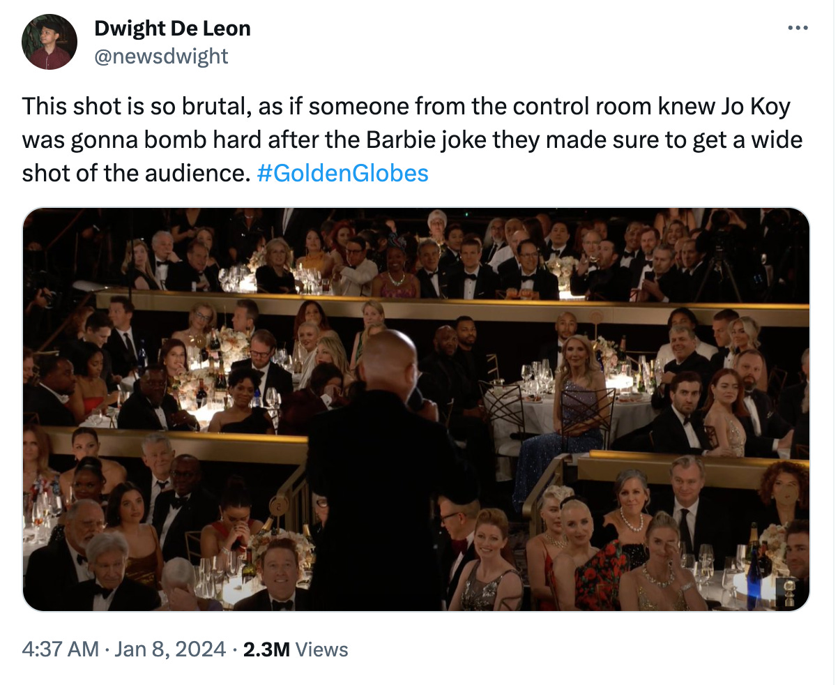 Text: "This shot is so brutal, as if someone from the control room knew Jo Koy was gonna bomb hard after the Barbie joke they made sure to get a wide shot of the audience. #GoldenGlobes"