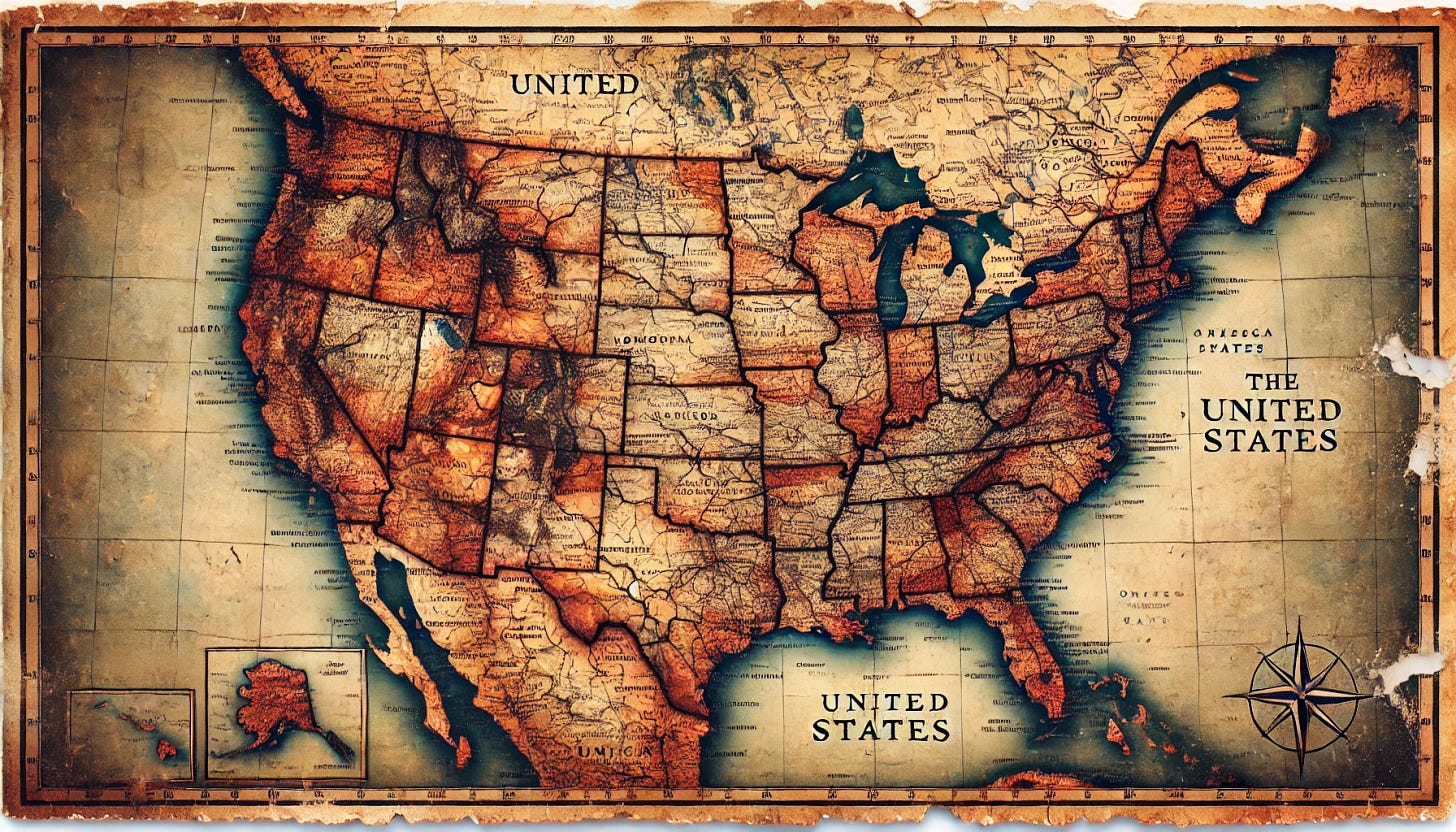 An old map of the United States with visible cracks and fraying edges. The map should look aged and weathered, with worn-out parchment texture and faded colors. Include details like torn and uneven edges, and small rips throughout. The overall look should convey a sense of historical authenticity, as if the map has been used and handled many times over the years.