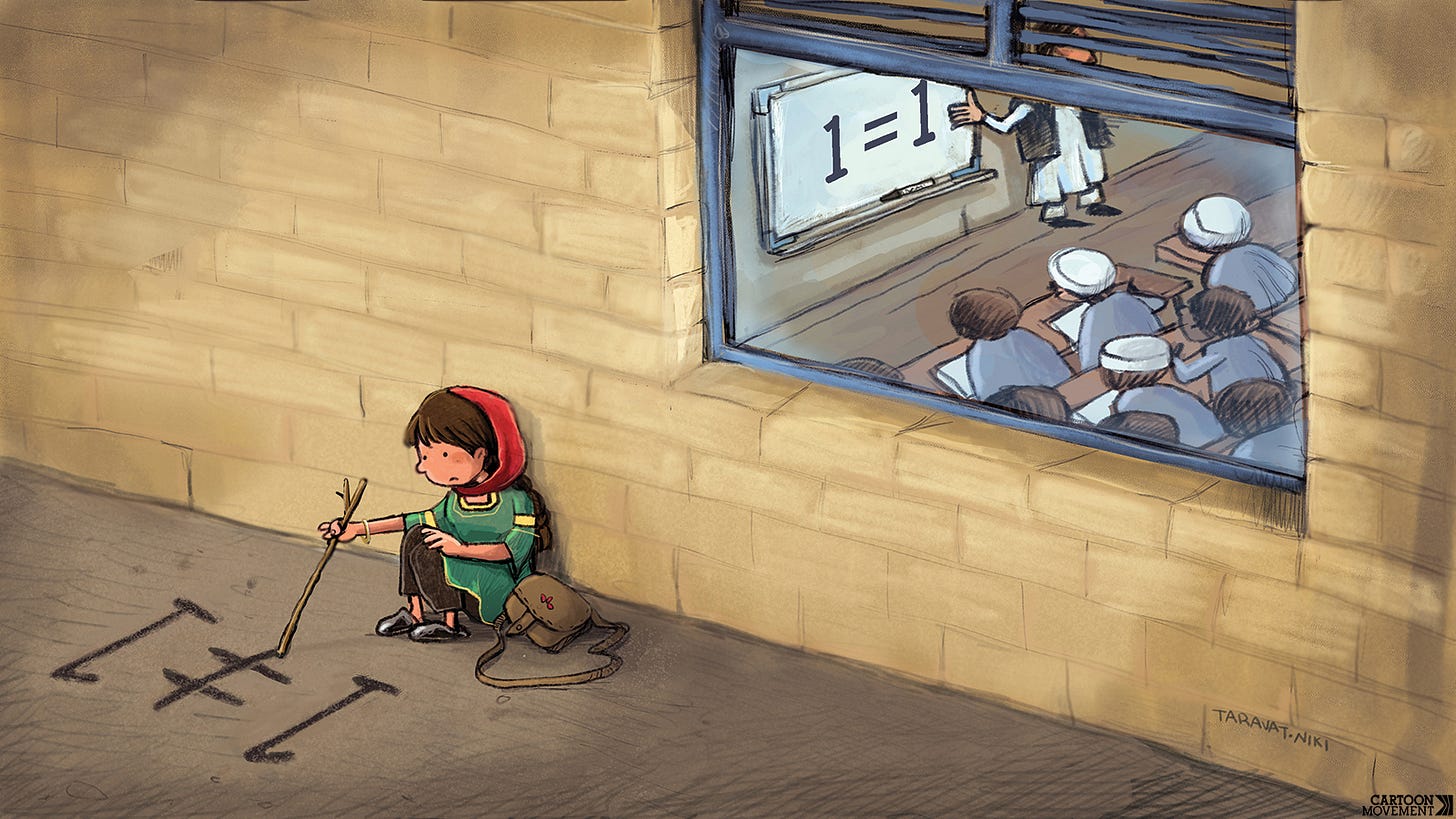 Cartoon showing a classroom from the outside. Through the window, we see boys getting a lesson in numbers, being taught that 1 = 1. Outside, a girls is listening and copying the sum they are practicing with a stick in the dirt. In her version, 1 does not equal 1.