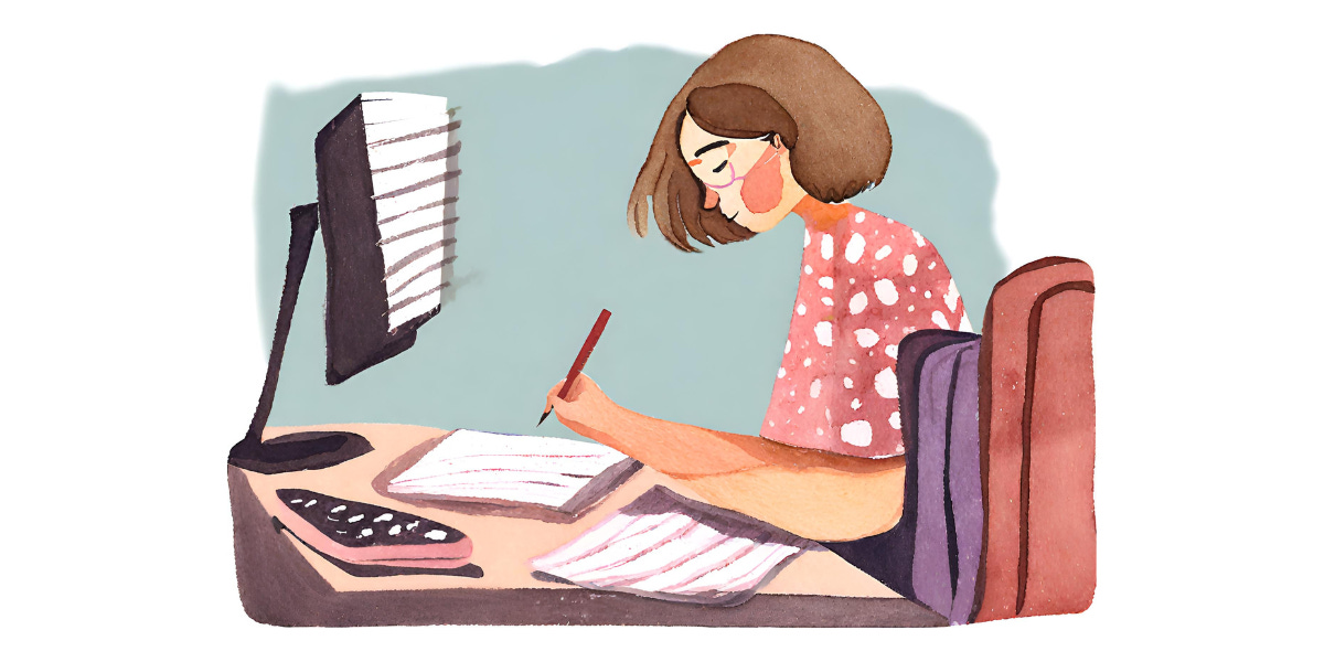 An AI-generated illustration of a woman with short brown hair writing at her desk