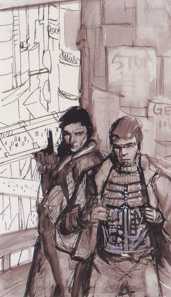 Preliminary concept for THE CAVES OF STEEL featuring two men taking cover behind a pillar in a vast industrial space. Baley holds up a pistol as he glances sideways. Daneel opens his jacket to reveal his midsection which is made of mechanical parts.