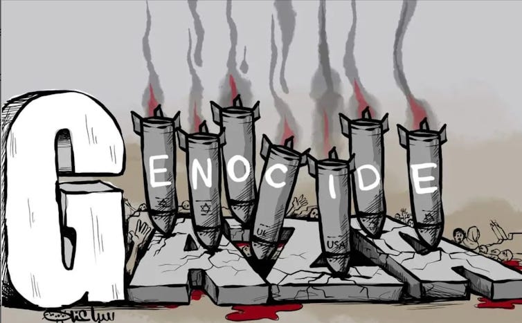 An illustration of the words 'genocide' and 'Gaza.' The word Gaza is capitalized, and the letters 'A,' 'Z,' 'A' appear to have fallen to the ground. The 'G' is shared by the word genocide, with the remaining letters drawn on rockets. An illustration of the words 'genocide' and 'Gaza.' The word Gaza is capitalized, and the letters 'A,' 'Z,' 'A' appear to have fallen to the ground. The 'G' is shared by the word genocide, with the remaining letters drawn on rockets.