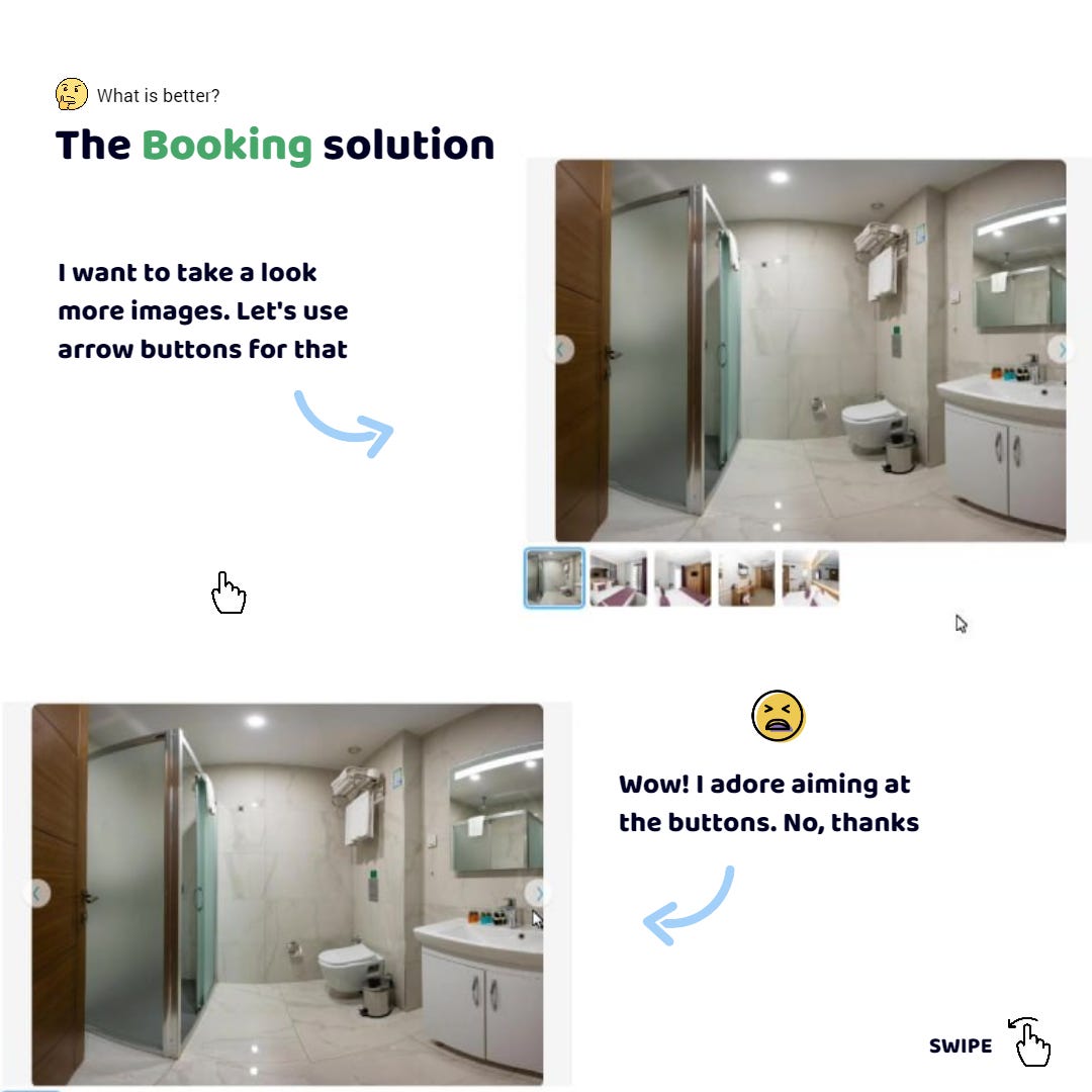 The Booking app. I wanna see the photos of the apartments. They are switched using the Back and Next buttons. I need to press the Back button. My cursor is next to it. I click. No reaction from the app