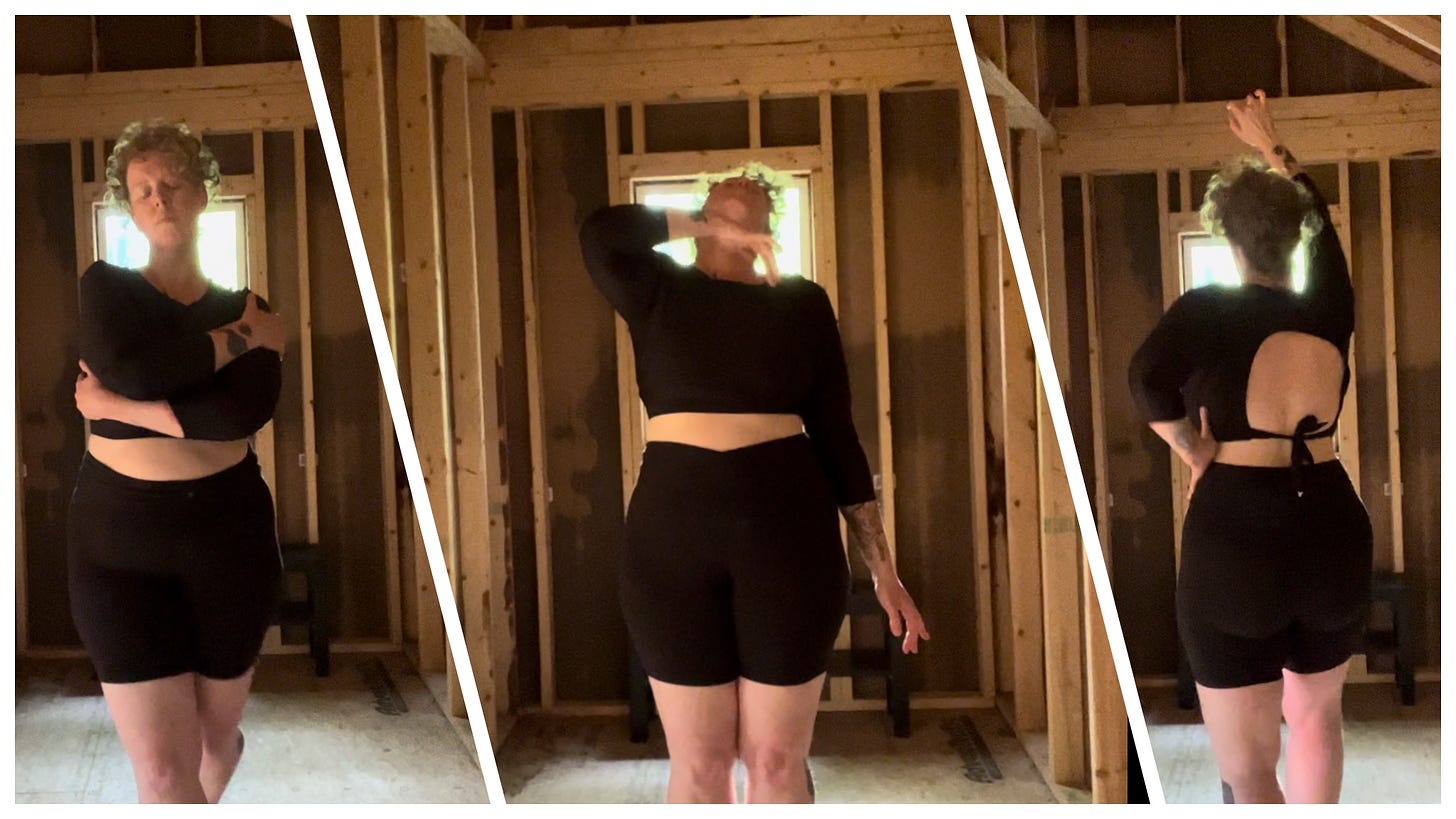 three split dance stills with jj all in black in an exposed wood treehouse