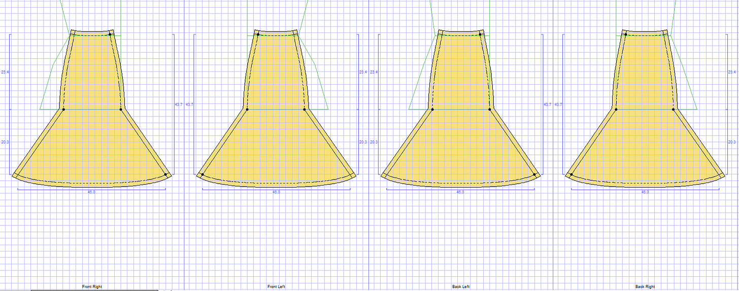 Generated pattern of a six gored skirt, extremely short and flaring widely from the hips