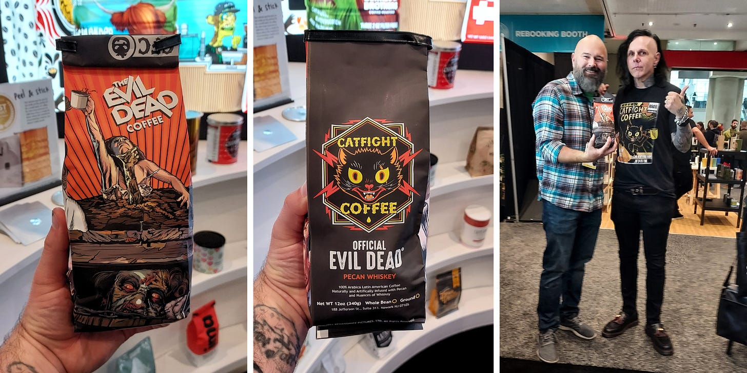 From Left: A bag of coffee with art from the Evil Dead film is held up to the camera. Center: The other side of the bag is held up showing the Catfight Coffee logo. Right: A black-clad punk rocker poses with host Ryan Woldt (jeans, blue and white flannel) with a bag of Catfight Coffee on the convention center floor.