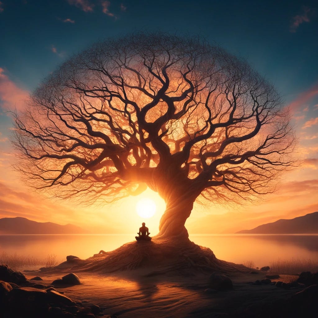 Create an evocative image that visually represents the profound Turkish quote: 'I sought a cure for my pain; my pain itself was the cure.' The image should feature a serene landscape at sunrise, symbolizing hope and renewal. In the foreground, depict a single, large, leafless tree whose branches are intricately twisted, symbolizing the complexity and depth of personal struggle and growth. Under the tree, place a solitary figure, possibly seated or standing, reflecting or meditating. The background should show the first light of dawn breaking over a calm sea or lake, conveying a sense of peace and introspection. The overall mood of the image should be one of tranquility and enlightenment, capturing the essence of finding strength and healing from within.