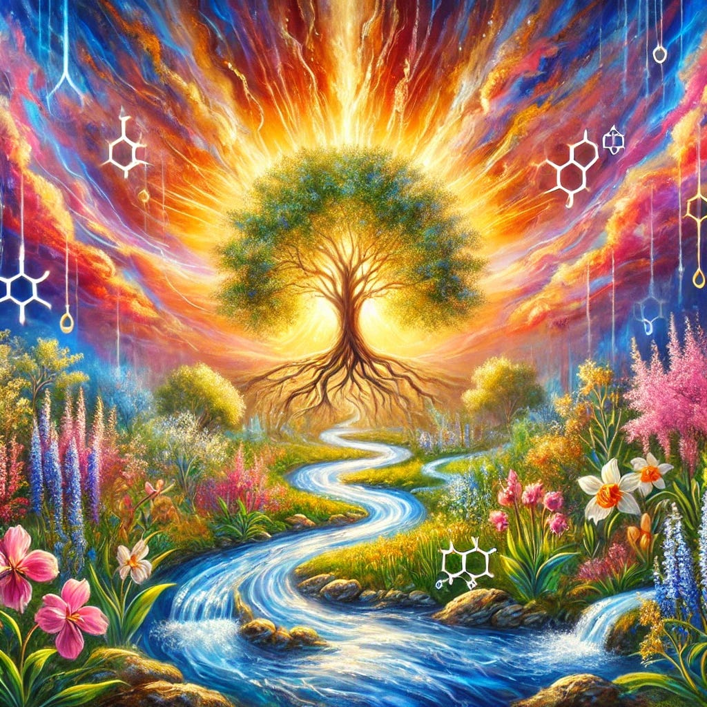 A stunning oil painting inspired by the concepts of hormonal balance and vitality. The composition features a serene yet dynamic landscape with a flowing river branching into smaller streams, symbolizing harmony and interconnectedness. Lush greenery and vibrant flowers in shades of pink, gold, and blue line the riverbanks, representing various hormones. A radiant, majestic tree stands at the center, its branches stretching high into a luminous sunrise of warm oranges, purples, and golden hues. The painting is rich with expressive brushstrokes and deep colors, evoking health, renewal, and vitality, with no text or symbols present.