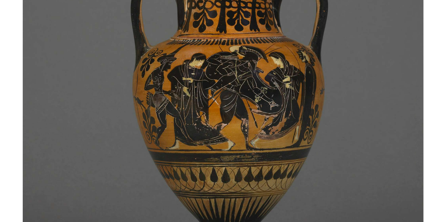 Black figure vase:  Aeneas carrying off Anchises from Troy: In the centre is Aeneas to right, fully armed, with Boeotian shield and two spears, carrying Anchises on his shoulders; the latter has white hair and beard, long embroidered chiton, and sceptre.
