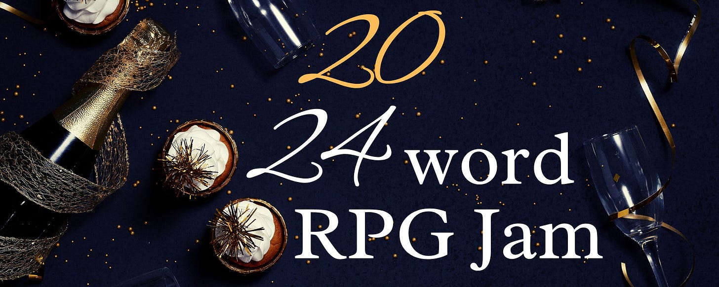 Banner wordmark for the 24-word RPG Jam. Images in the logo include a champagne bottle and flute, and decorated cakes reflecting the launch on New Year’s Day.