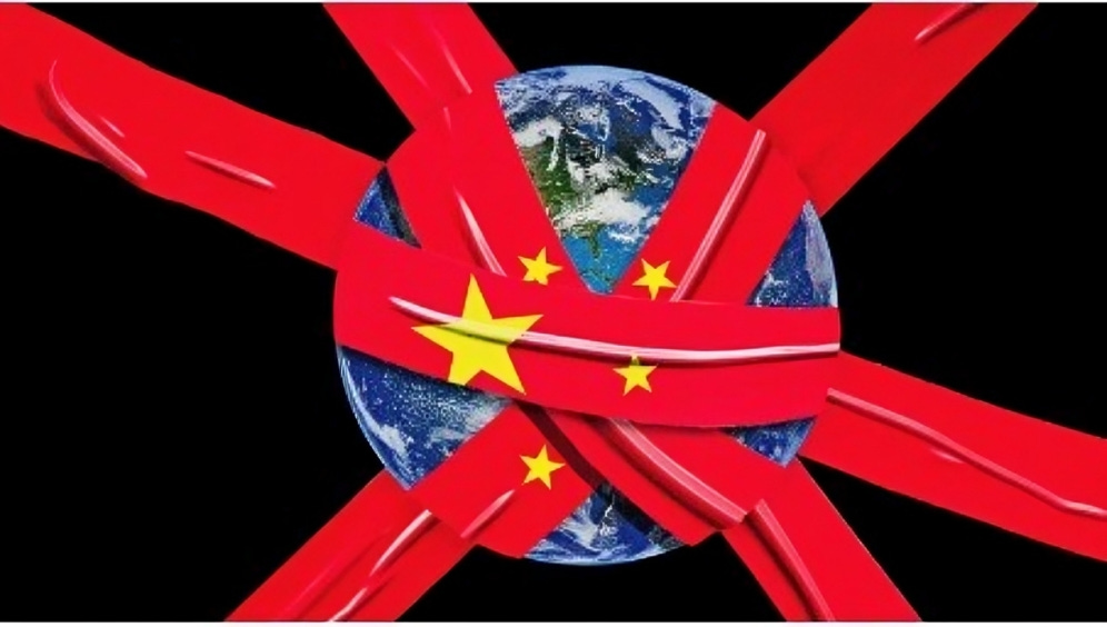 A globe wrapped tightly in red tape adorned with the Chinese flag, representing China's tightening economic grip on global markets as it faces a financial collapse.