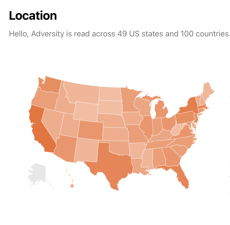 A heat map of the United States. I have subscribers in every state but Alaska.