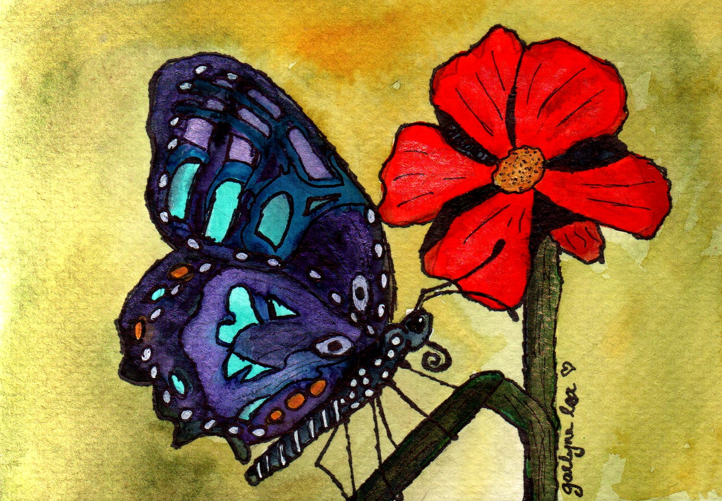 This is a watercolor painting by Gaelynn that depicts a purple and blue butterfly resting on a leaf of a bright red flower. The background is a washy green.