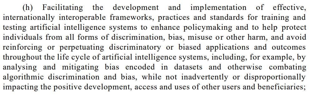 Snippet from the UN resolution on AI showing the context of bias analysis and mitigation