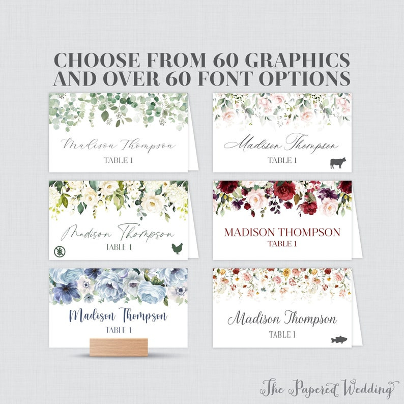 Printed Floral Place Cards Choose Your Flower Graphic, Font, and Font Color Flat or Folded Place Cards for Wedding Meal Choices 0072 image 1