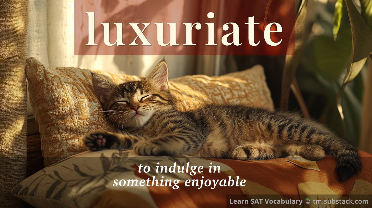 Illustration of a contented cat luxuriating on plush cushions; used to illustrate the SAT word 'luxuriate'.